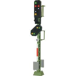 Viessmann udkørselssignal med forsignal. Forsignalet modtager sit billede fra næste signal i signalbussen. Forsignalet er slukket, hvis udkørselssignalet viser rødt.